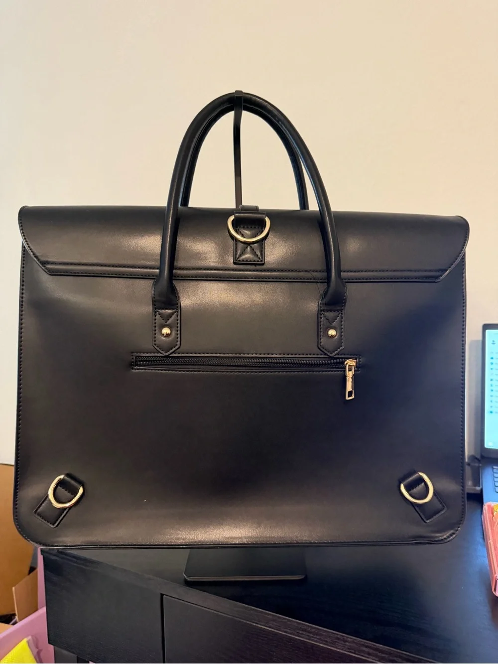 Mosun Black Leather Briefcase Tote with Decorative Bow